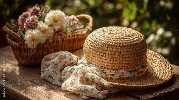 Obraz Straw hat beside floral basket, paper napkin flapping, upper margin clear