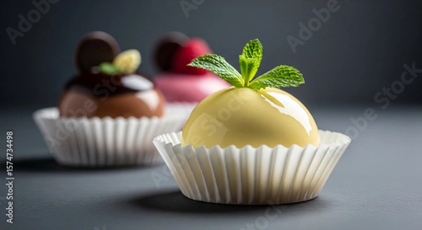 Fototapeta Photo of a trio of elegantly crafted mousse desserts, one topped with mint and two with chocolate and berry garnishes, are artfully arranged on a dark surface