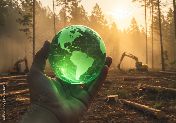 Fototapeta Hand holding glowing green globe over deforested forest with logging machinery, symbolizing climate change and conservation