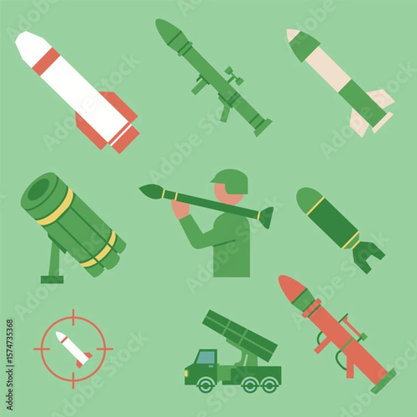 Fototapeta Rocket and Missile Launcher vector Set – Military Weapons Outline Vector Illustration