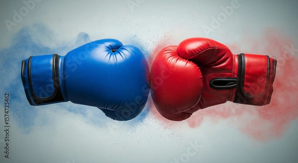 Fototapeta Photo of two boxing gloves, one red and one blue, collide with a burst of colorful powder and dust, symbolizing intense competition and impact