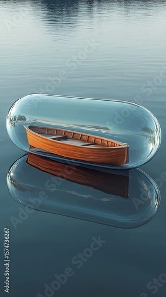 Fototapeta Wooden Boat Encased in Glass Floating on Calm Water A Surreal and Artistic