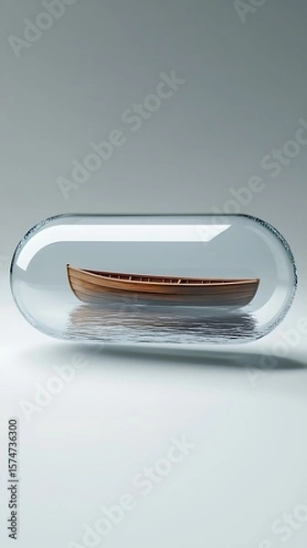 Fototapeta Wooden Boat Miniature Inside Glass Capsule with Water Reflections, Studio Setting, Clean Background