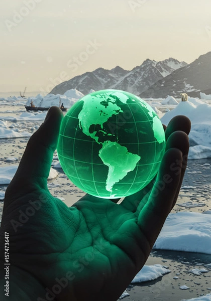 Fototapeta Hand holding glowing green globe over melting Arctic ice with polar bears and ships, symbolizing climate change