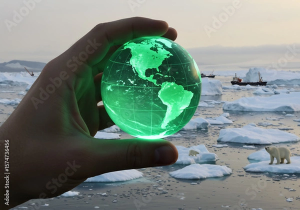Fototapeta Hand holding glowing green globe over melting Arctic ice with polar bears and ships, symbolizing climate change