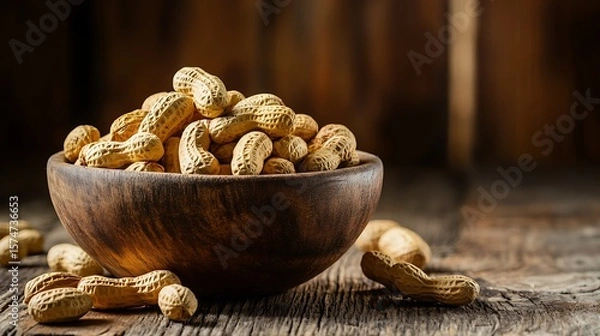 Fototapeta Wooden Bowl Overflowing with Shelled Peanuts on Rustic Wood Table Against Dark Background