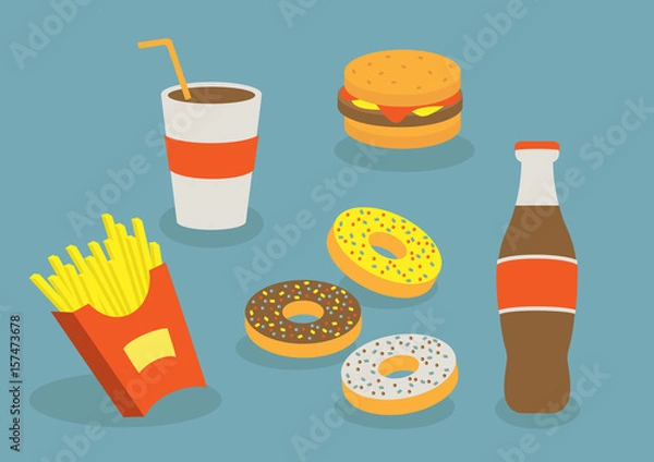 Fototapeta Set of colorful cartoon fast food icons (potato, burger, donuts, soda takeaway). Fast food menu. Vector illustration. Eps10