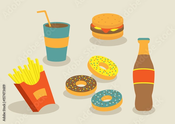 Fototapeta Set of colorful cartoon fast food icons (potato, burger, donuts, soda takeaway). Fast food menu. Vector illustration. Eps10