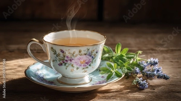 Fototapeta A steaming cup of tea in a decorative china cup, set on a wooden table with fresh herbs nearby, creating a cozy and inviting atmosphere.