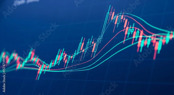 Fototapeta Photo of a closeup of a digital financial chart displays a strong upward trend with red and green candlesticks and flowing indicator lines on a dark blue screen