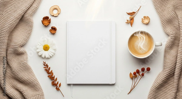 Fototapeta Photo of a cozy autumn flat lay featuring a blank white notebook, a steaming cup of coffee with latte art, and seasonal decorations like dried leaves and berries, perfect for journaling or planning
