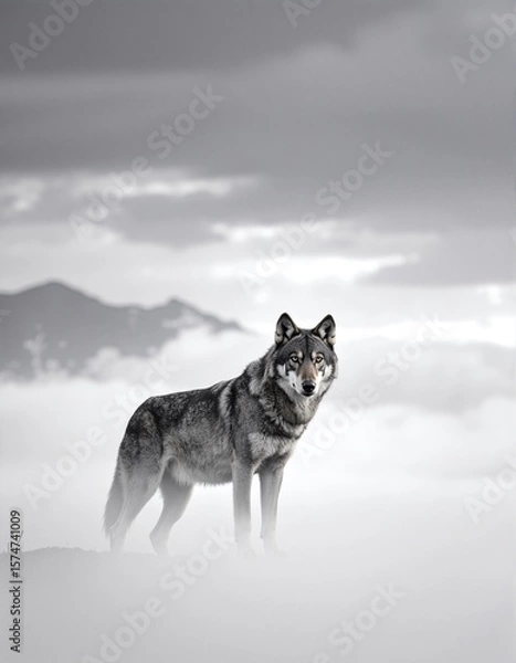 Fototapeta A majestic wolf stands alert in a snowy landscape, its thick fur glistening in the sunlight, with towering mountains rising majestically in the background.
