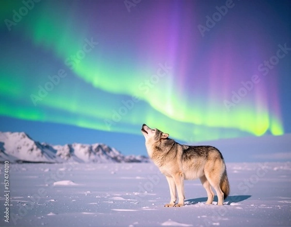 Fototapeta A majestic wolf stands gracefully in a blanket of pristine snow, illuminated by vibrant aurora lights dancing across the night sky, creating a magical scene.