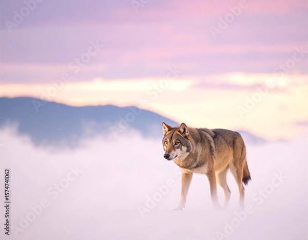 Fototapeta A majestic wolf stands alert in a pristine blanket of snow, its thick fur glistening in the sunlight, surrounded by a serene winter landscape.