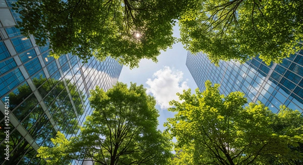 Fototapeta Photo of looking up through lush green trees at modern glass skyscrapers against a bright blue sky with fluffy clouds, showcasing a harmonious blend of nature and urban architecture