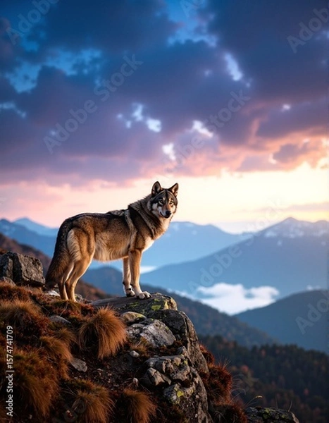 Fototapeta A majestic wolf stands proudly atop a rugged mountain peak, its fur glistening in the sunlight, surrounded by a breathtaking panoramic view of valleys below.