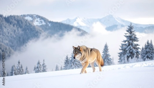 Fototapeta A majestic wolf strides gracefully through a pristine blanket of snow, its thick fur glistening in the sunlight, leaving paw prints in the soft, white powder.