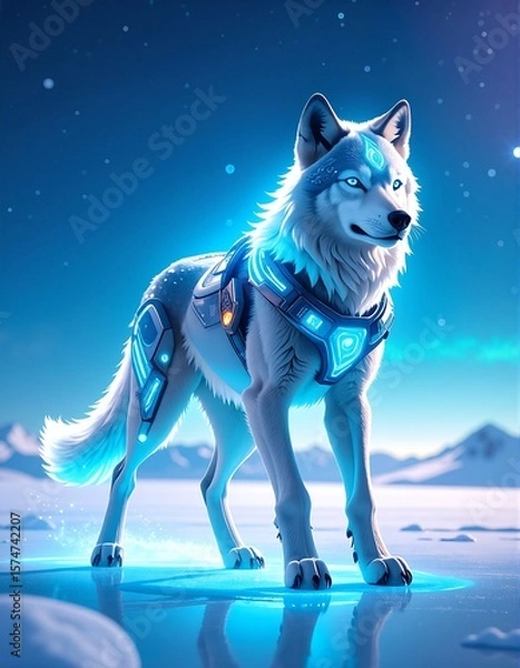 Fototapeta A majestic wolf with luminous, piercing eyes stands confidently on a shimmering sheet of ice, surrounded by a serene winter landscape.