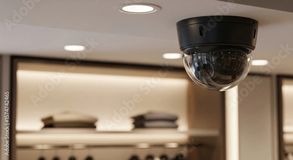 Fototapeta Photo of a black dome security camera is mounted on a ceiling, overlooking a retail store with illuminated shelves