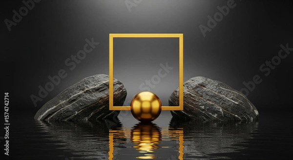 Fototapeta Photo of a golden sphere is centered within a golden square frame, flanked by two textured rocks on a reflective water surface, creating a minimalist and elegant abstract composition