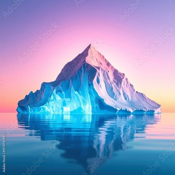 Fototapeta A majestic iceberg drifts serenely in the deep blue ocean, illuminated by the warm hues of a breathtaking sunset, casting reflections on the water's surface.