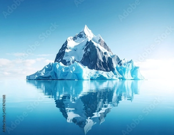 Fototapeta A massive iceberg floats majestically in the deep blue ocean, its jagged edges glistening under the sunlight, surrounded by gentle waves and distant mountains.