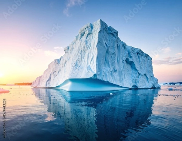 Fototapeta A majestic iceberg floats serenely in the deep blue ocean, its towering, jagged peaks glistening under the sunlight, surrounded by gentle waves.