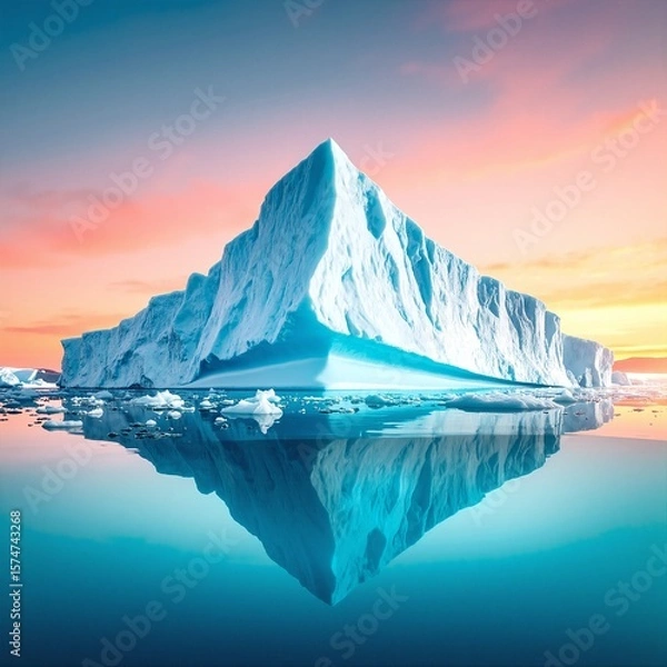 Fototapeta A majestic iceberg floats serenely in the deep blue ocean, its towering, jagged peaks glistening under the sunlight, surrounded by gentle waves.