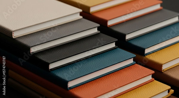 Fototapeta Photo of a neat arrangement of stacked books and notebooks in various colors, including cream, black, grey, blue, orange, and yellow, showcases different textures and bindings