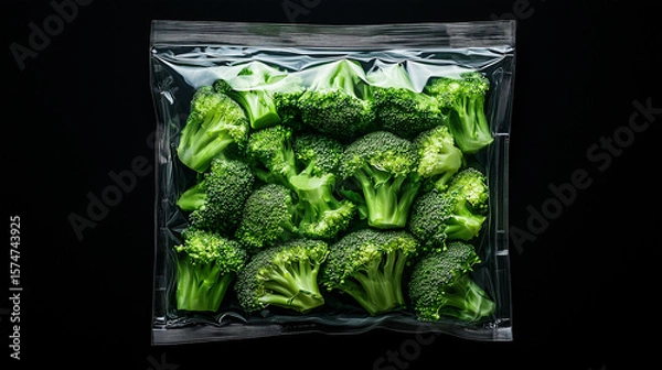 Obraz Fresh green broccoli packed in a clear vacuum-sealed bag ready for cooking or meal preparation