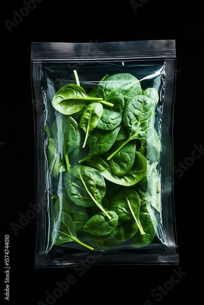 Obraz Fresh spinach leaves in a sealed plastic bag on a dark background