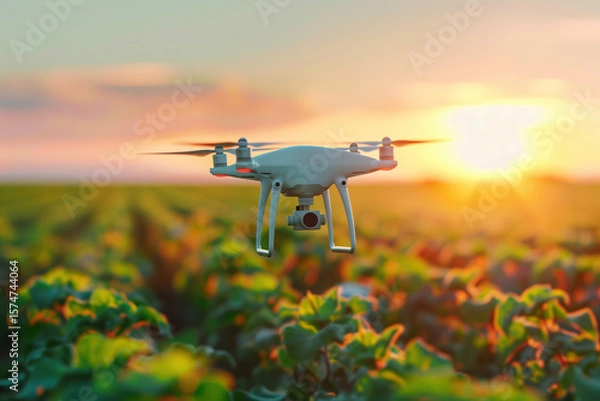 Fototapeta Advanced Drone Monitoring of Crops on Bright Clear Day in an Agricultural Field at Sunset with Vibrant Green Foliage