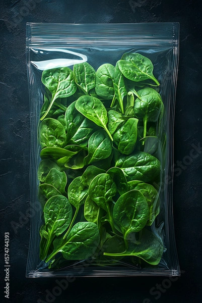 Obraz Fresh spinach leaves packed in a clear plastic bag for convenient storage and easy meal preparation at home