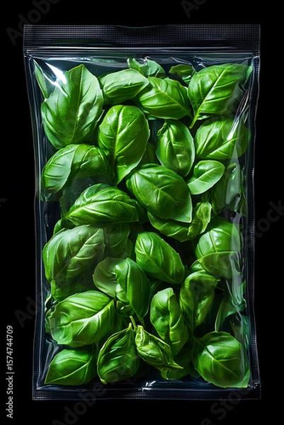 Obraz Fresh basil leaves packaged for culinary use in a kitchen setting to enhance meals and recipes