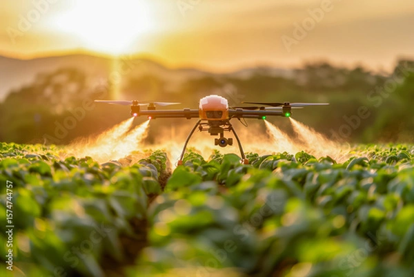 Fototapeta Bright Modern Farm with Drone Spraying Crops at Sunset for Efficient Agriculture and Sustainable Practices