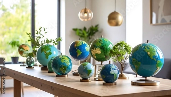 Obraz Multiple globes on light wooden table