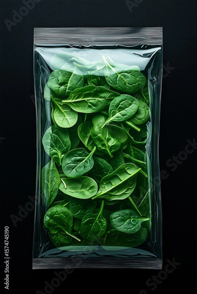 Obraz Fresh spinach leaves packaged for sale in a clear plastic bag on a dark background