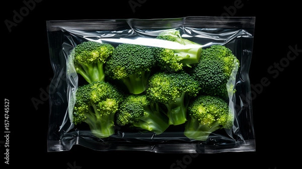 Obraz Fresh broccoli packed in clear plastic wrap displayed against a dark background
