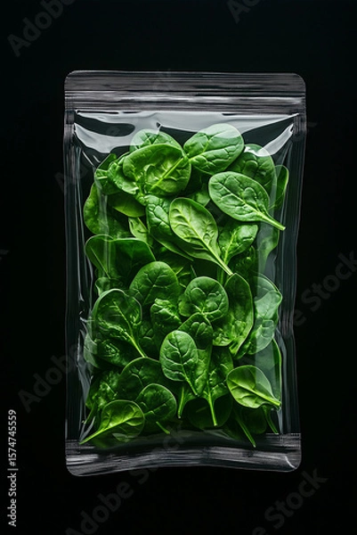 Obraz Fresh spinach leaves in a sealed bag on a black background for healthy eating and cooking
