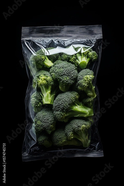 Obraz Fresh broccoli packed in clear plastic for grocery shopping under ambient lighting