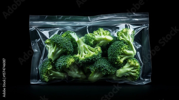 Obraz Fresh broccoli packed in a clear plastic bag for convenience and storage displayed against a black background