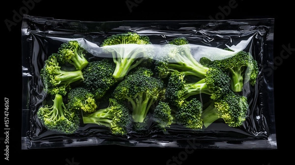 Obraz Fresh broccoli packaged for sale in a clear plastic wrapping on a dark background