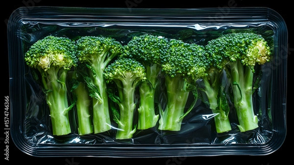 Obraz Fresh broccoli neatly packaged for sale at a grocery store highlighting its vibrant green color and quality