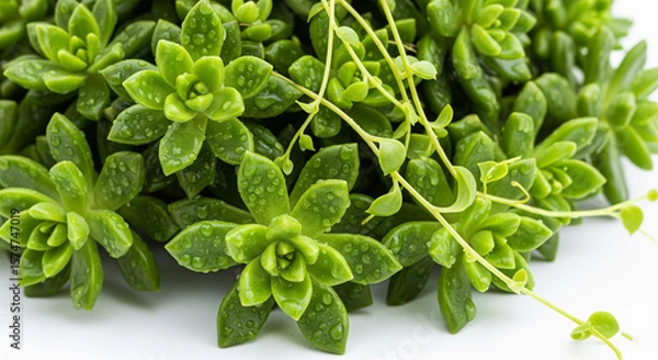 Fototapeta Photo of a detailed closeup of several green succulent plants with water droplets on their leaves, with delicate vines trailing across a clean white background