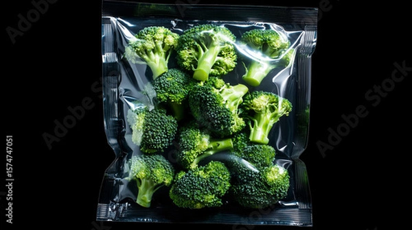 Obraz Fresh broccoli in a vacuum-sealed bag showcasing its vibrant green color and natural texture