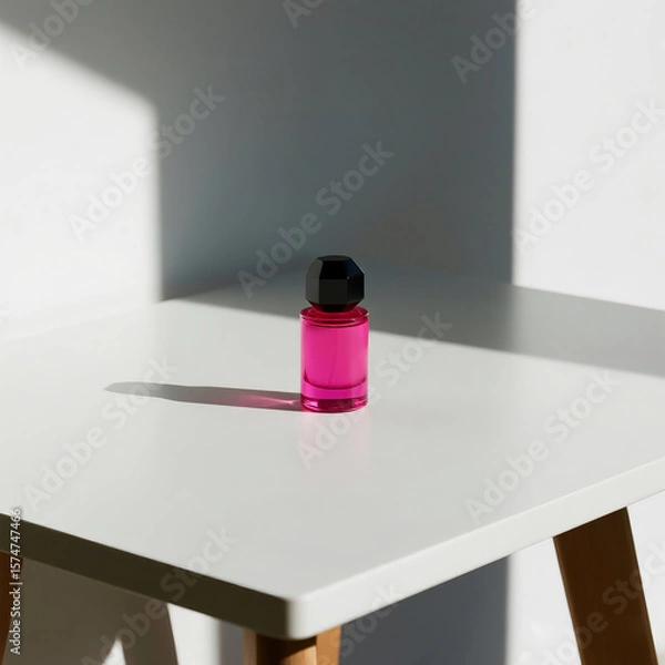 Fototapeta Title: Minimal Neon Pink Perfume Bottle on White Table with Clean Aesthetic