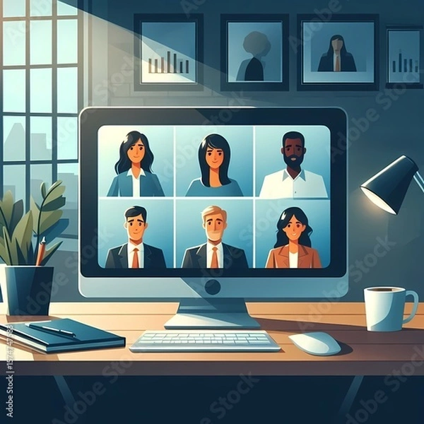 Fototapeta Illustration of a virtual meeting on a desktop computer
