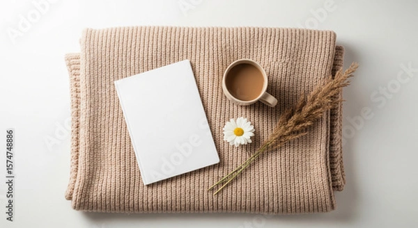 Fototapeta Photo of a cozy autumn scene featuring a warm knitted blanket, a mug of coffee, a blank book, a delicate daisy, and dried grass, perfect for a relaxing moment