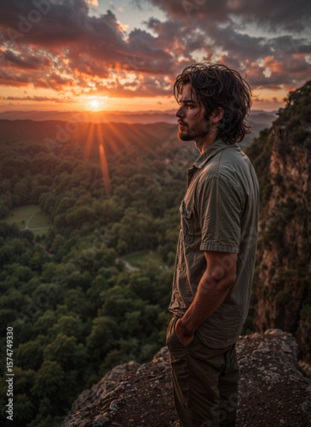 Fototapeta A lone figure stands silhouetted on a mountain edge, overlooking a vast, breathtaking sunset landscape of forests and peaks.