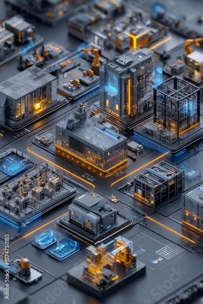 Fototapeta Aerial view of futuristic city with intricate buildings and glowing neon pathways